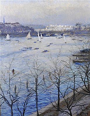 Sailing Boats and other Vessels on a City River with a Bridge in the distance, and a Church on a Hill