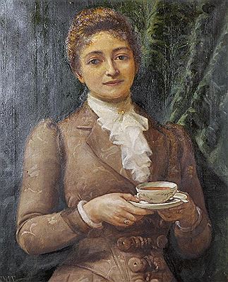 Portrait of a Lady, dressed in Brown, holding a Cup of Tea