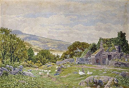 A Mountainous River Landscape, with Sheep and Ducks by a Ruined Stone Cottage