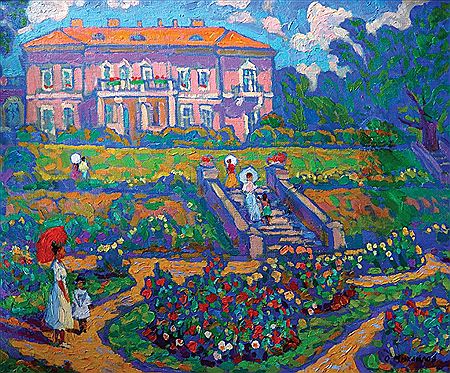 "Walking in the Garden", Figures in a Garden in front of a House