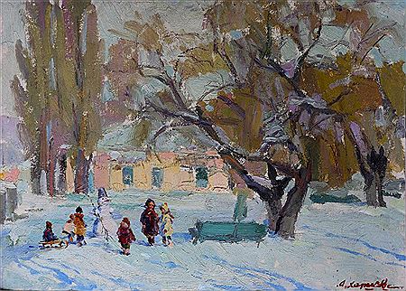 "Winter Day", Children playing in the Snow building a Snowman by Avraam Kharkovskii - Auction record, sale price, and art valuation. Compare with similar artists and explore comparable artworks.