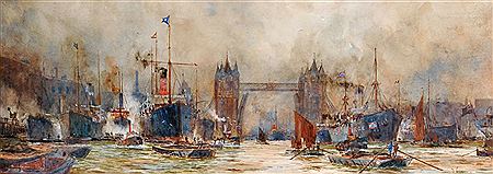 . "The Tower Bridge", A Thames Scene with Multiple boats in the foreground