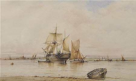 A Busy Estuary Scene, with Moored Boats, and a Paddle Steamer in the distance by Albert Marks - Auction record, sale price, and art valuation. Compare with similar artists and explore comparable artworks.