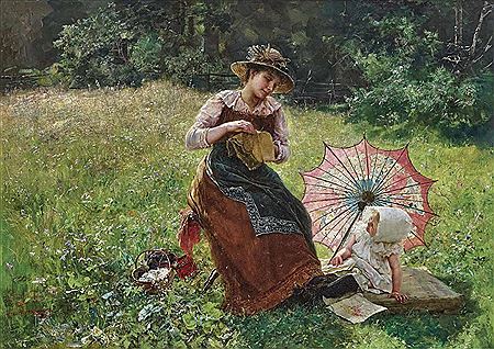 Mother and daughter on summer meadow