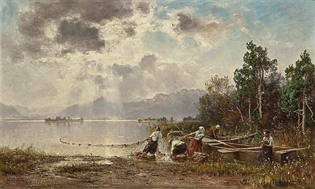 Chiemsee Fisherman Hauling in the Nets The island Frauenchiemsee in the background. by Joseph Wopfner - Auction record, sale price, and art valuation. Compare with similar artists and explore comparable artworks.