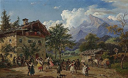 Tanz vor dem Gebirgsbauernhof