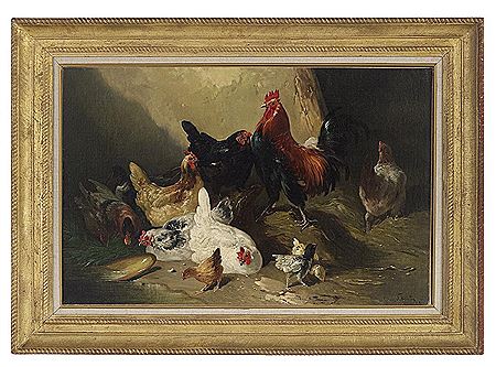Rooster with Hens, Chicks and a Duck