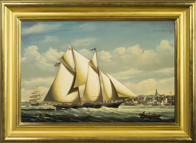THE AMERICA'S CUP YACHT "COLUMBIA" SAILING PAST NANTUCKET DOCKS