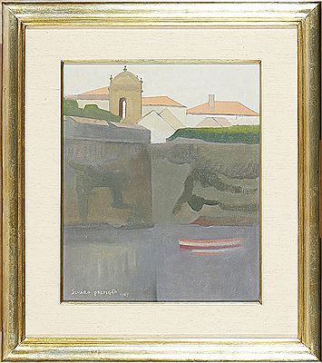Paisagem com casas e barco