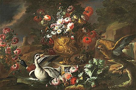 NATURE MORTE CON COMPOSIZIONI FLOREALI, VOLATILI, ANATRA E CIGNO coppia di dipinti
