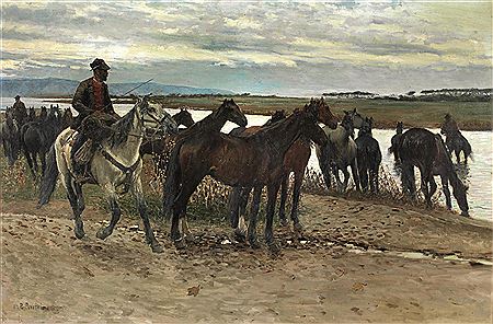 Sample artwork by Ruggero Panerai (1862 - 1923), known for animated urban views, quick brushstrokes, delicate range of grays and burnt lands - View similar artists and auction records