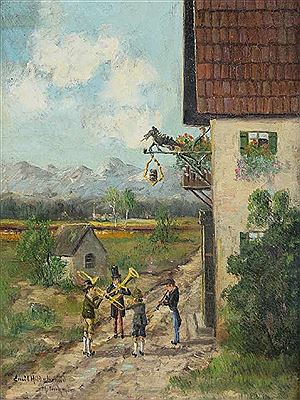 Fröhliche Musikanten vor dem Wirtshaus