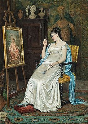 Sitzende Dame in Interieur, ein auf einer Staffelei stehendes Gemälde betrachtend, 1879