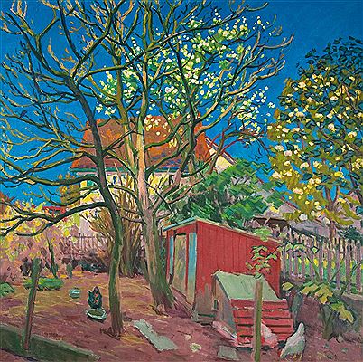 "Morgen im Hühnerhof (mit Pflaumen- und Kirschenblüte)", 1989