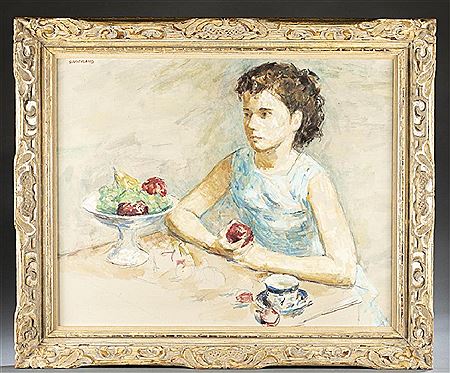 Untitled impressionistic style portrait of a woman sitting at a table with a bowl of fruit