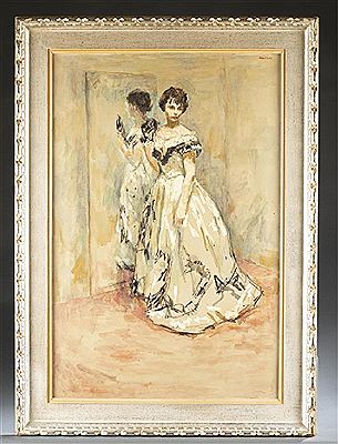 Untitled impressionistic style portrait of a woman standing in front of a mirror
