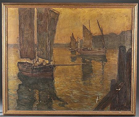 Landscape depicting boats on the water with cliffs in the background
