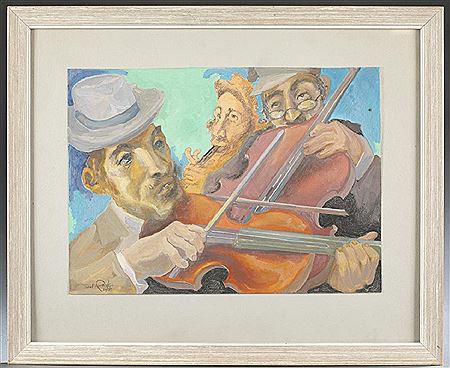 Untitled painting depicting three men playing musical instruments. 1965