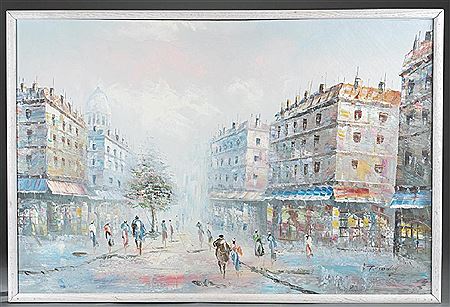 Untitled impressionistic style landscape depicting people walking down a city street with buildings on either side