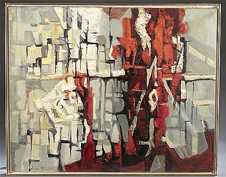 "Ancient Wall." An abstract representation of a wall depicted in grey, red, and white. 1963