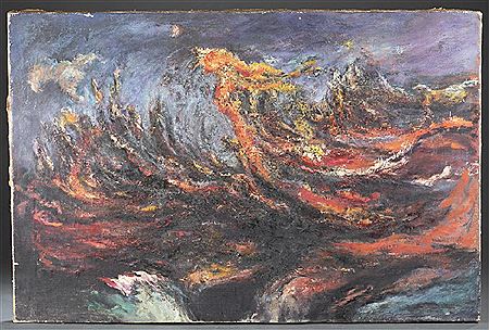 Untitled abstract work with thick curving flame colored lines on a dark background