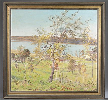 Rural view depicting a large central tree flanked by a barn and a large lake