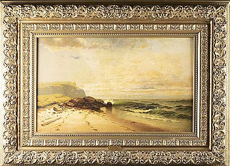 Untitled seascape depicting waves crashing on a rocky beach