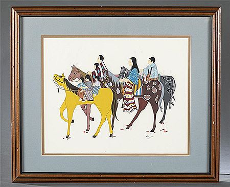 Native American men, women, and children on horseback. 1978