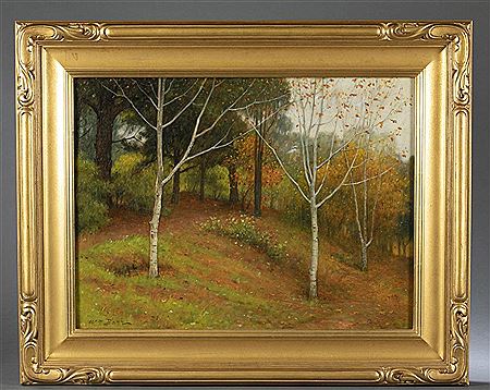 Landscape depicting a forest of Birch trees in Autumn