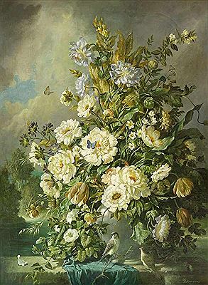 Opulentes Blumenstillleben mit Vögeln und Schmetterlingen