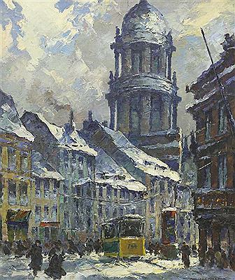Winterliche Straßenansicht von Berlin Mitte, „Molkenmarkt“ mit Stadthaus, Straßenbahn und reicher Figurenstaffage