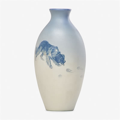 Rare Aerial Blue vase with spaniel in the snow by Sarah Alice (Sallie) Toohey - Auction record, sale price, and art valuation. Compare with similar artists and explore comparable artworks.
