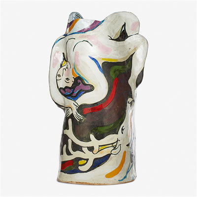 Fine massive sculptural vessel with nudes and reindeer, "Daughters of the Finnish Witch," Missoula, MT, 1983