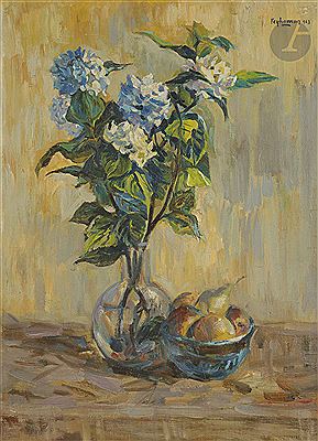Vase of flowers and pears