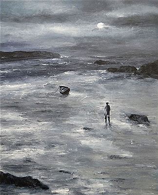 Solitary figure wading by the shore under moonlight by Peter John Jones - Auction record, sale price, and art valuation. Compare with similar artists and explore comparable artworks.