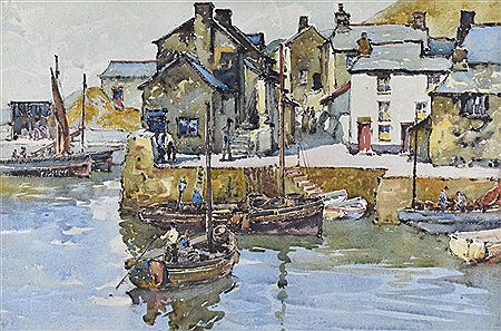 'Harbour St Ives' with numerous figures and boats