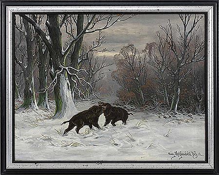 Wild boar in snowy woods by Ludwig August Heydendahl - Auction record, sale price, and art valuation. Compare with similar artists and explore comparable artworks.