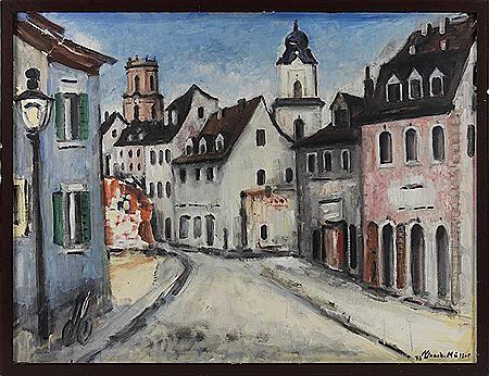 Alley in Altsaarbrücken overlooking the Tower of the Ludwigs and peace church