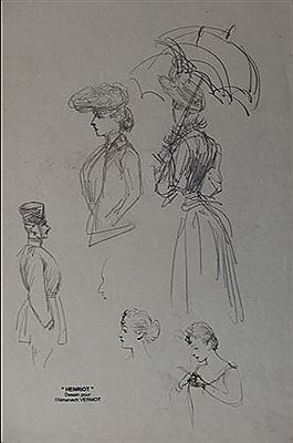 Sketch of elegant women and soldier, circa 1895