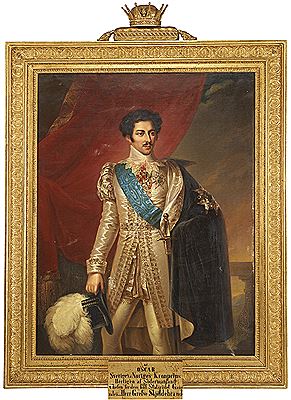 Porträtt av Oscar, kronprins av Sverige och Norge, hertig av Södermanland (1799-1859), iklädd silverskimrande serafimerdräkt av burgundiskt snitt med livrock, smala byxor och gallerförsedda puffärmar - knäbild
