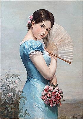 Lady with a Fan and a Bouquet of Roses