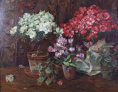 Sample artwork by Paula Evrard (1876 - 1927), known for paintings of floral still life, interior scene, landscape and buildings - View similar artists and auction records