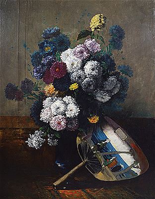 Dahlias and a Chinese fan
