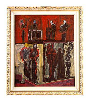 Band players and dancers with deep red background.