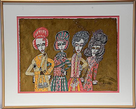 4 Fancy Women On Gold Background.