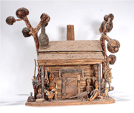 Log Cabin w People, Animals & Tools.