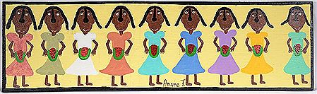 9 Nieces Eating Watermelon. by Annie Tolliver - Auction record, sale price, and art valuation. Compare with similar artists and explore comparable artworks.