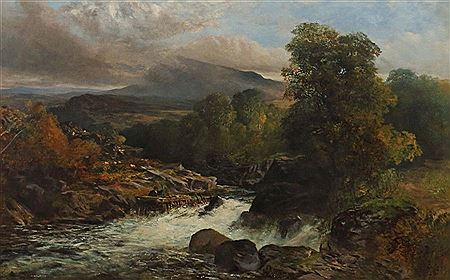 "Flusslandschaft in schottischen Hochland", Darstellung mit einem Angler am Ufer