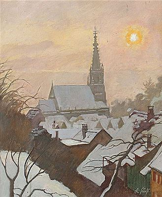 "Frauenkirche in Esslingen", Blick auf den Kirchturm der Frauenkirche durch die schneebedeckten Dächer