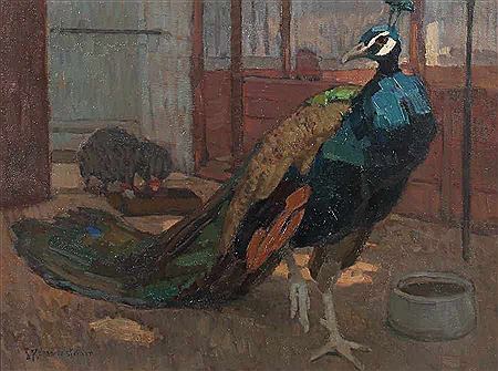 "Pfau", in einem Stall stehend, im Hintergrund weiteres Federvieh an einem Trog stehend